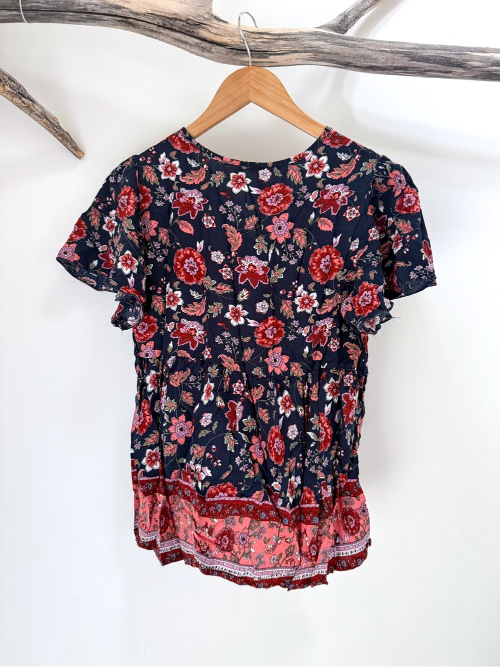 Shein | Women’s Boho Navy Coral Bohemian Floral Blouse Top Viscose Medium GUC - Picture 5 of 8
